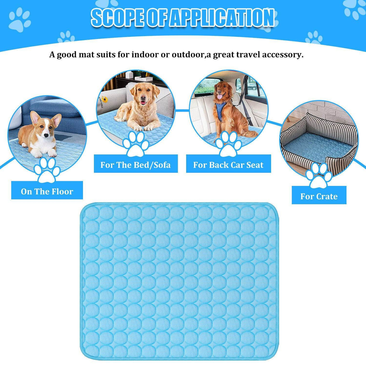 Pet cooling mat for indoor and outdoor use, shown on floor, bed, car seat, and crate.