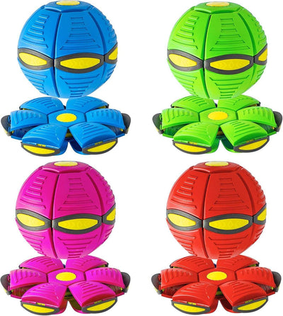 Magic UFO Jumping Ball in various colors showing ball and flying saucer forms, durable pet toy.