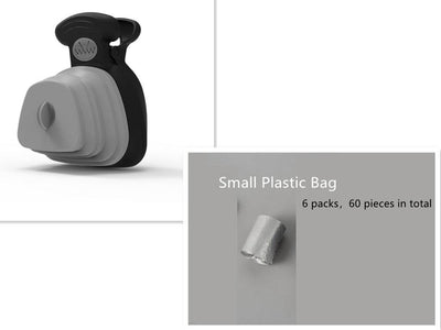 Pet poop bag dispenser and holder with small plastic bags, outdoor use, silicone and plastic, grey color.