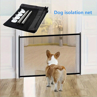 Pet isolation mesh safety fence with dog, lightweight and portable, indoor outdoor use.