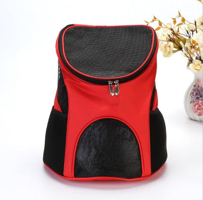 Red Premium Breathable Pet Backpack made of polyester with medium to soft hardness.