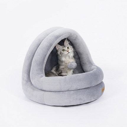 Cozy high-quality cat house bed with grey velvet fabric.