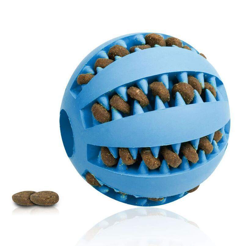 Blue rubber feeder dog ball toy with treats inside, made from food-grade material for safe pet play and teeth cleaning.