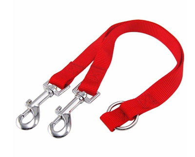 Double twin lead pet walking leash in red nylon with metal clasps.