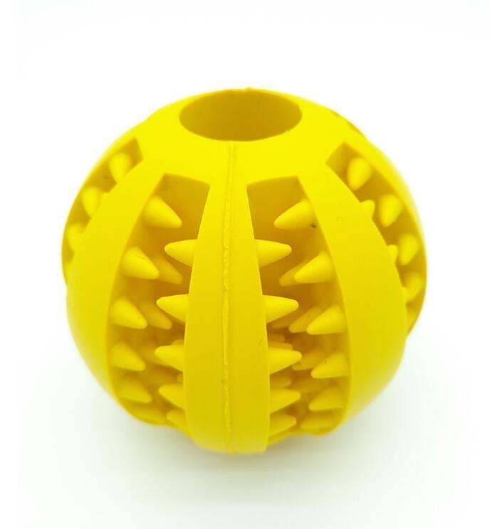 Rubber feeder dog ball toy with tooth cleaning spikes.