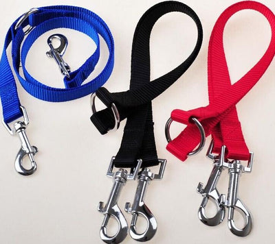 Double Twin Lead Pet Walking Leash in blue, black, and red nylon.