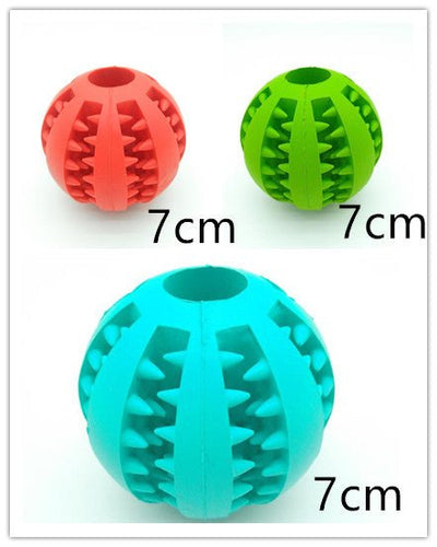 Rubber Feeder Dog Ball Toy in red, green, and blue colors with 7cm size.