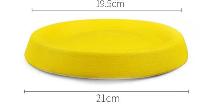 Yellow EVA pet dog throwing toy, 19.5cm diameter.