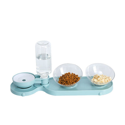 Automatic pet feeder and waterer with detachable bowls on a blue base.