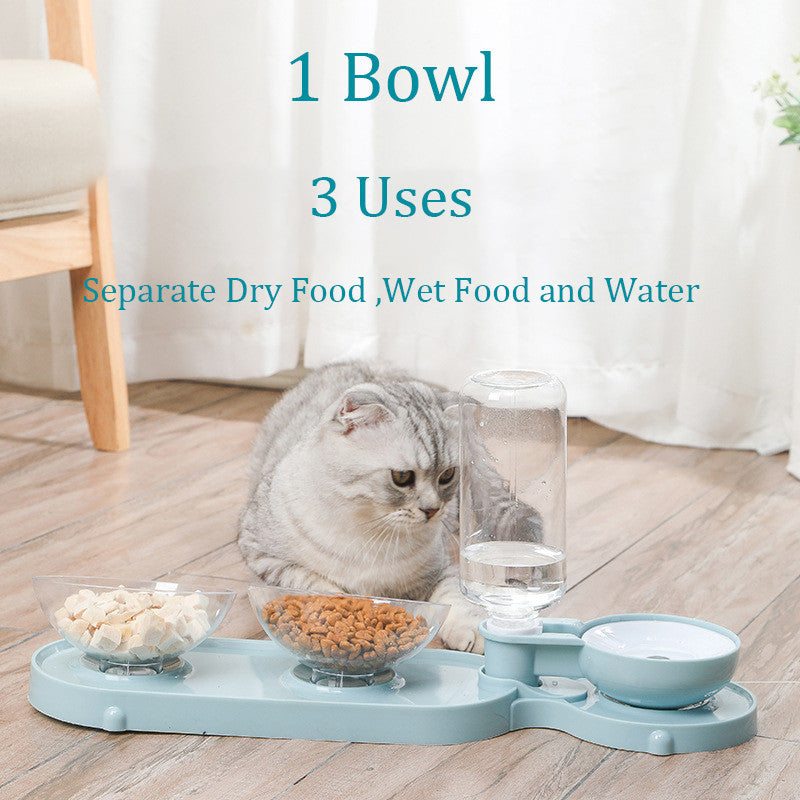 Automatic pet feeder and waterer with separate bowls for dry food, wet food, and water, suitable for cats and small animals.