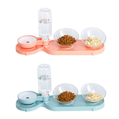 Automatic pet feeder and waterer with separate bowls for food and water, suitable for small animals.