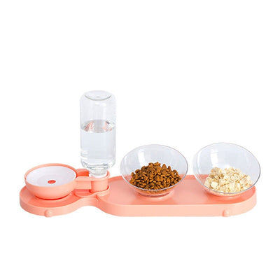 Automatic pet feeder and waterer with separate bowls for food and water.