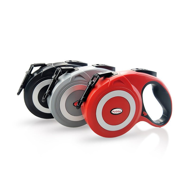 Retractable pull straps for dogs in black, grey, and red colors, made of ABS material.