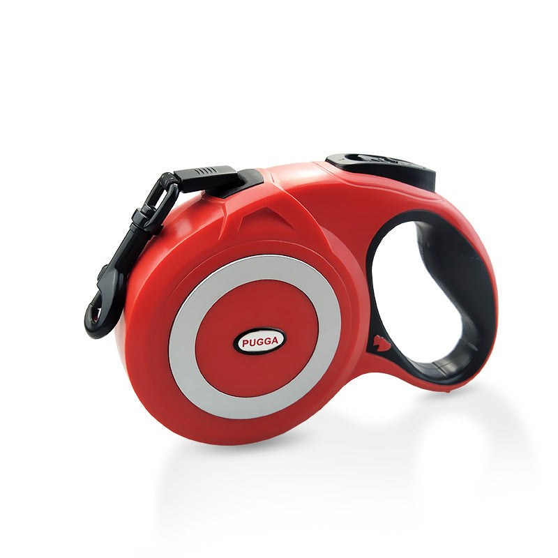 Red retractable pull strap for dogs with ABS material.