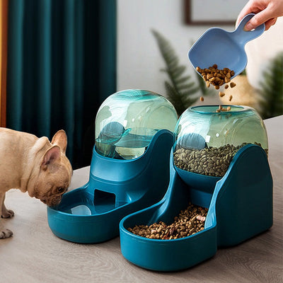 Automatic drinking fountain feeder for pets with water and food dispenser.