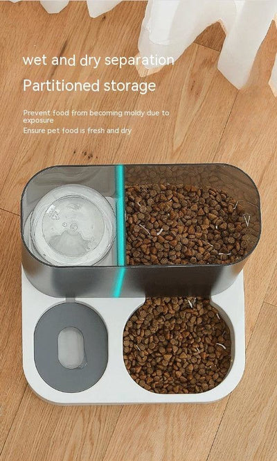 Visual Automatic Pet Feeder with wet and dry separation, showing partitioned storage of pet food on a wooden floor.