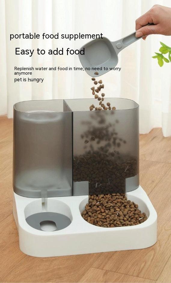 Automatic pet feeder with a dual compartment design for easy food refilling.