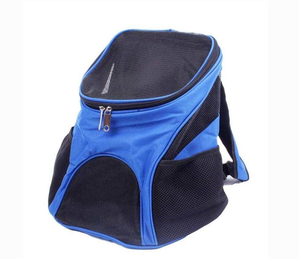 Premium breathable pet backpack in sky blue and black.