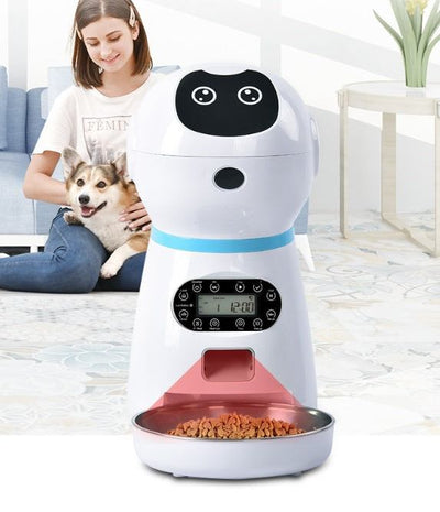 Automatic pet feeder with digital display and metal food tray.