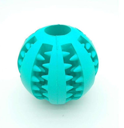 Rubber feeder dog ball toy in blue for pet play and dental care.