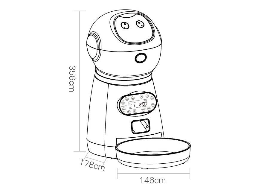 Automatic pet feeder with removable grain barrel, infrared detection, and metal food tray.