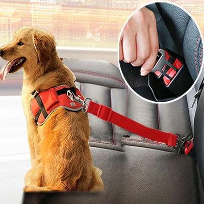 Pet Retractable Car Seat Belt for dog safety in vehicle, red color.