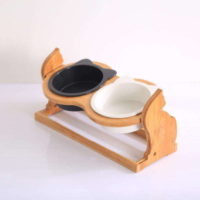 Wooden pet cat food bowl with ceramic double bowls and stand.