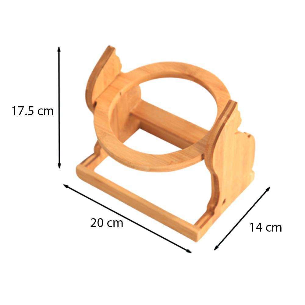 Wooden stand for ceramic pet cat food bowl with measurements 20cm x 14cm x 17.5cm.