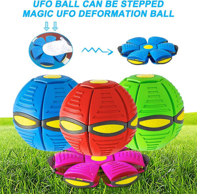 Magic UFO Jumping Ball; colorful, transforming toy suitable for pets and children.