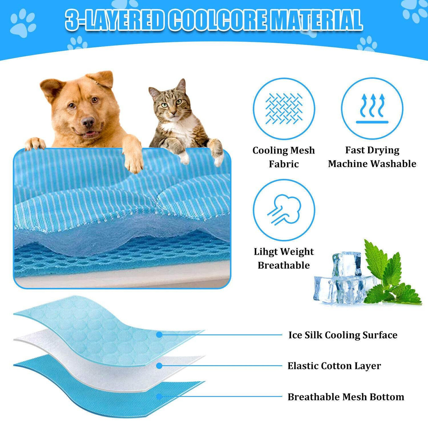 Pet Cooling Mat Pad Cushion with 3-layer design, featuring cooling mesh fabric, elastic cotton, and breathable mesh bottom; fast-drying, machine washable, ideal for summer.