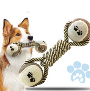 Teeth cleaning tennis ball chew toy with braided cotton rope for pets.