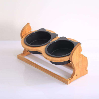 Wooden pet cat food bowl with double ceramic bowls and stand.