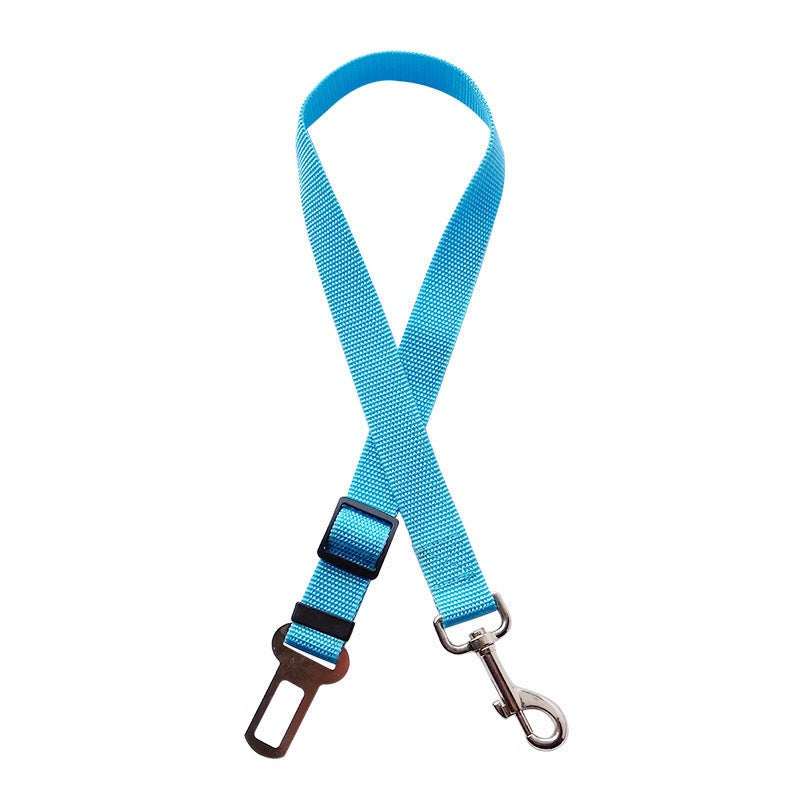 Sky blue pet retractable car seat belt for safety and comfort.