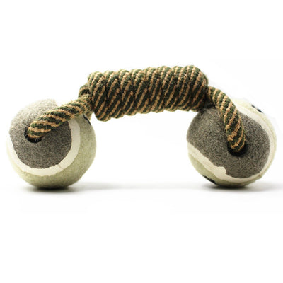 Teeth cleaning tennis ball chew toy for pets with dumbbell shape and braided cotton string.