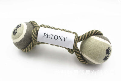 Teeth cleaning tennis ball chew toy with braided rope for pets.