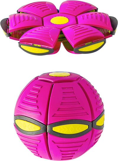 Magic UFO Jumping Ball in saucer and ball forms, pink and yellow pet toy.