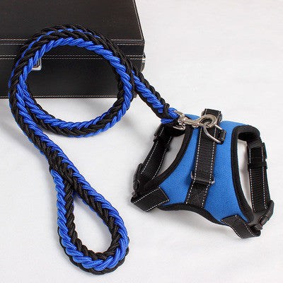 New nylon medium dog harness in blue with leash, adjustable buckle, and safety features.