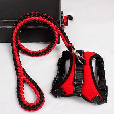 New nylon medium dog harness with red and black design, includes traction rope.