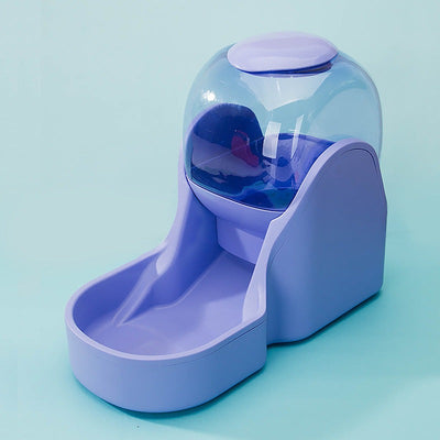 Automatic drinking fountain feeder for pets in purple.