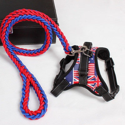 New Nylon Medium Dog Harness with red and blue leash featuring flag design.