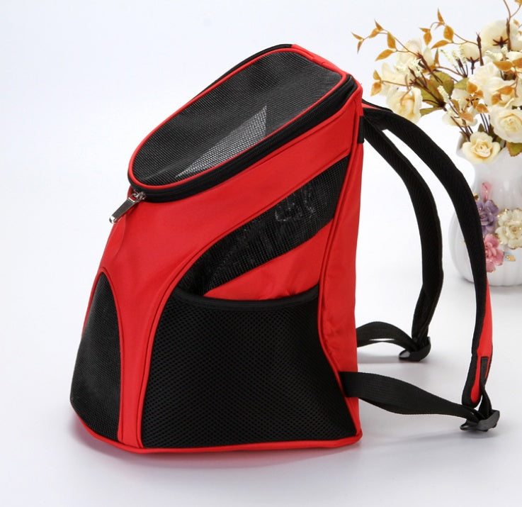 Premium breathable pet backpack in red polyester, medium to soft hardness, side ventilation mesh.