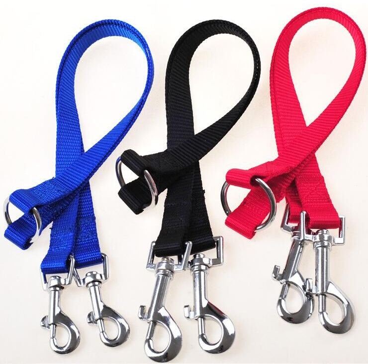 Blue, black, and red nylon double twin lead pet walking leashes with metal clips.