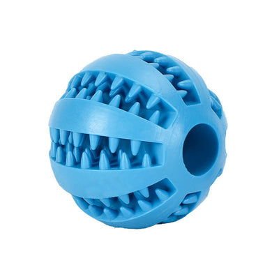 Blue rubber feeder dog ball toy made of non-toxic, food-grade material for play and dental cleaning.