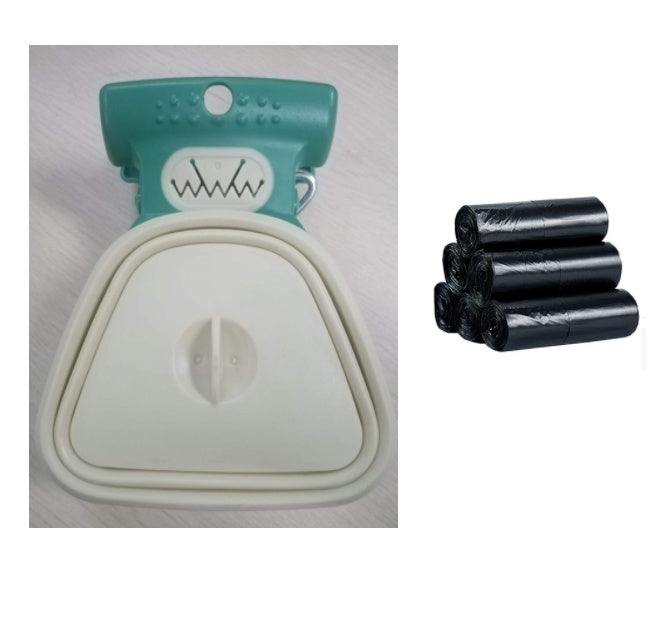 Pet poop bag dispenser and holder with rolls of black garbage bags, silicone and plastic material.