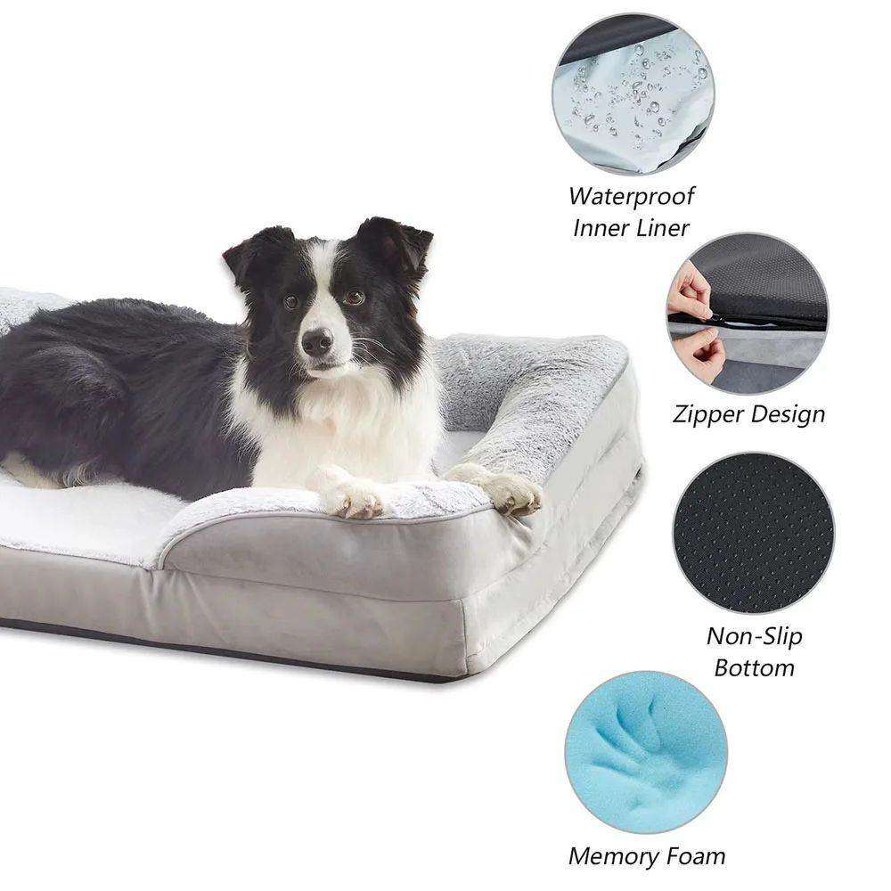 Dog lying on a high-quality dog bed with waterproof liner, zipper design, non-slip bottom, and memory foam.