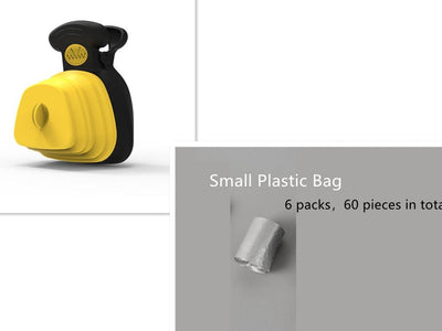 Yellow and black pet poop bag dispenser with 6 packs of small plastic bags, folding design for outdoor use.