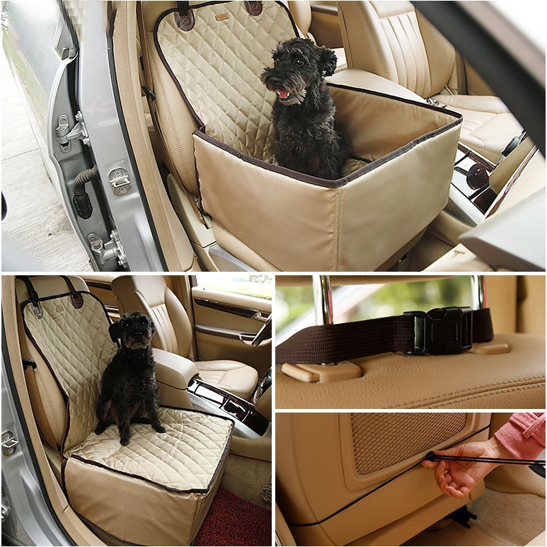 Waterproof pet seat thickening pad in car for dog protection, beige color, with adjustable strap and buckle.