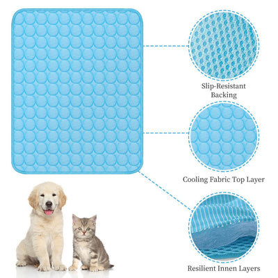 Pet Cooling Mat Pad with slip-resistant backing, cooling fabric top layer, and resilient inner layers, shown with a dog and cat.