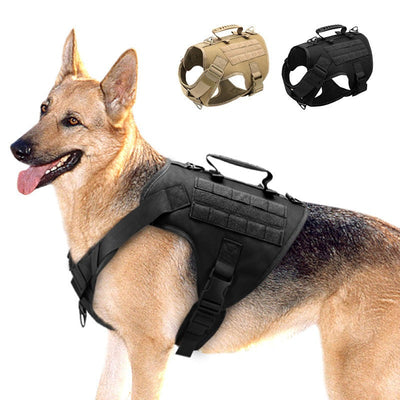 Tactics K9 Chest Harness Vest in black and brown displayed on a German Shepherd.