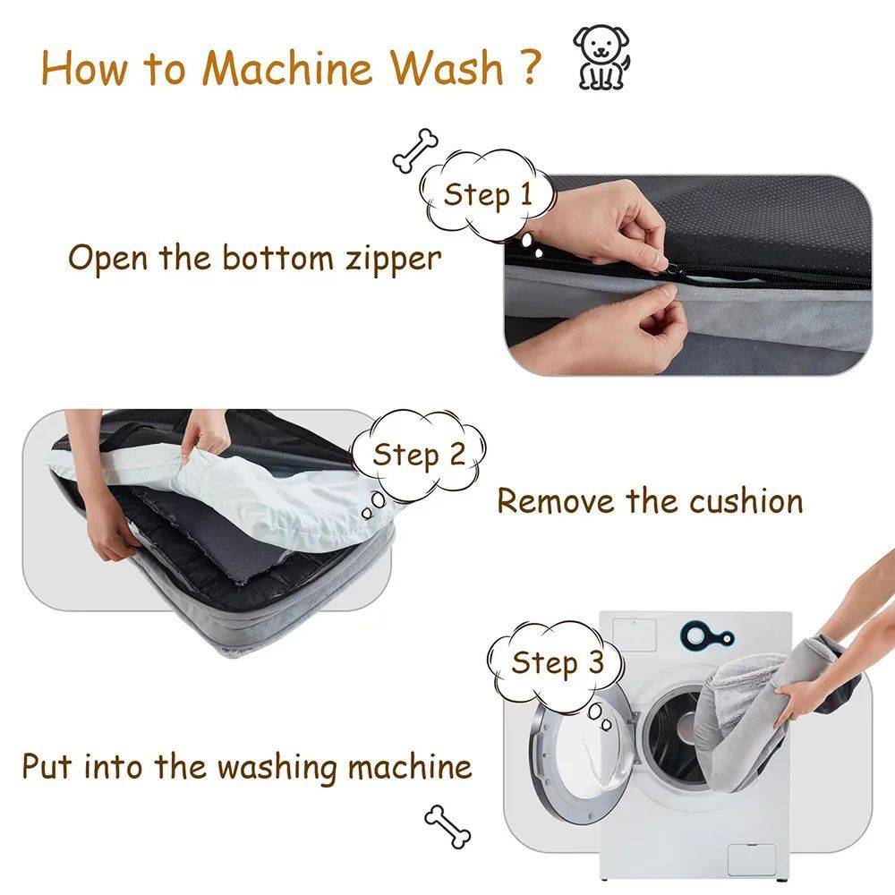 Instructions for washing a dog bed, showing steps to unzip, remove the cushion, and place in the washing machine.